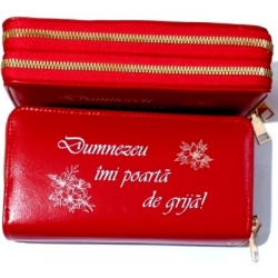 Portofel rosu pentru femei, doua fermuare, Dumnezeu imi poarta de grija!
